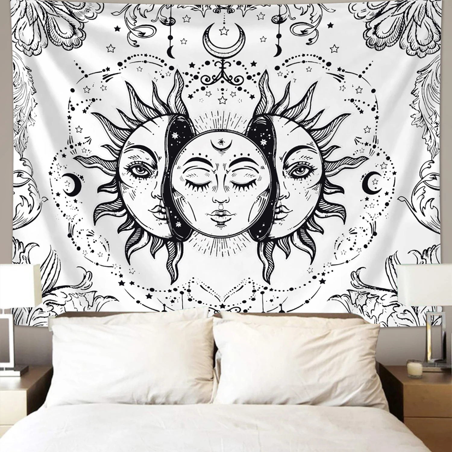 Sun Moon Tapestry Burning Sun and Stars Tapestry Black and White Mysterious Tarot Card Tapestry 1pc