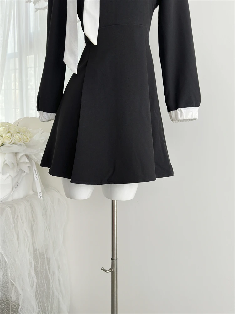 Elegant Evening Dresses for Women Patchwork O-neck Long Sleeves A-line Party Dress Korean Fashion French Retro Vestidos Mujer