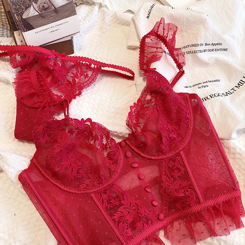 Mesh Dot Women Sexy Embroidery Lingerie Floral Lace Bras Set Thin Push up Bralette Bra+Thong Set See Through Red_voghion.com