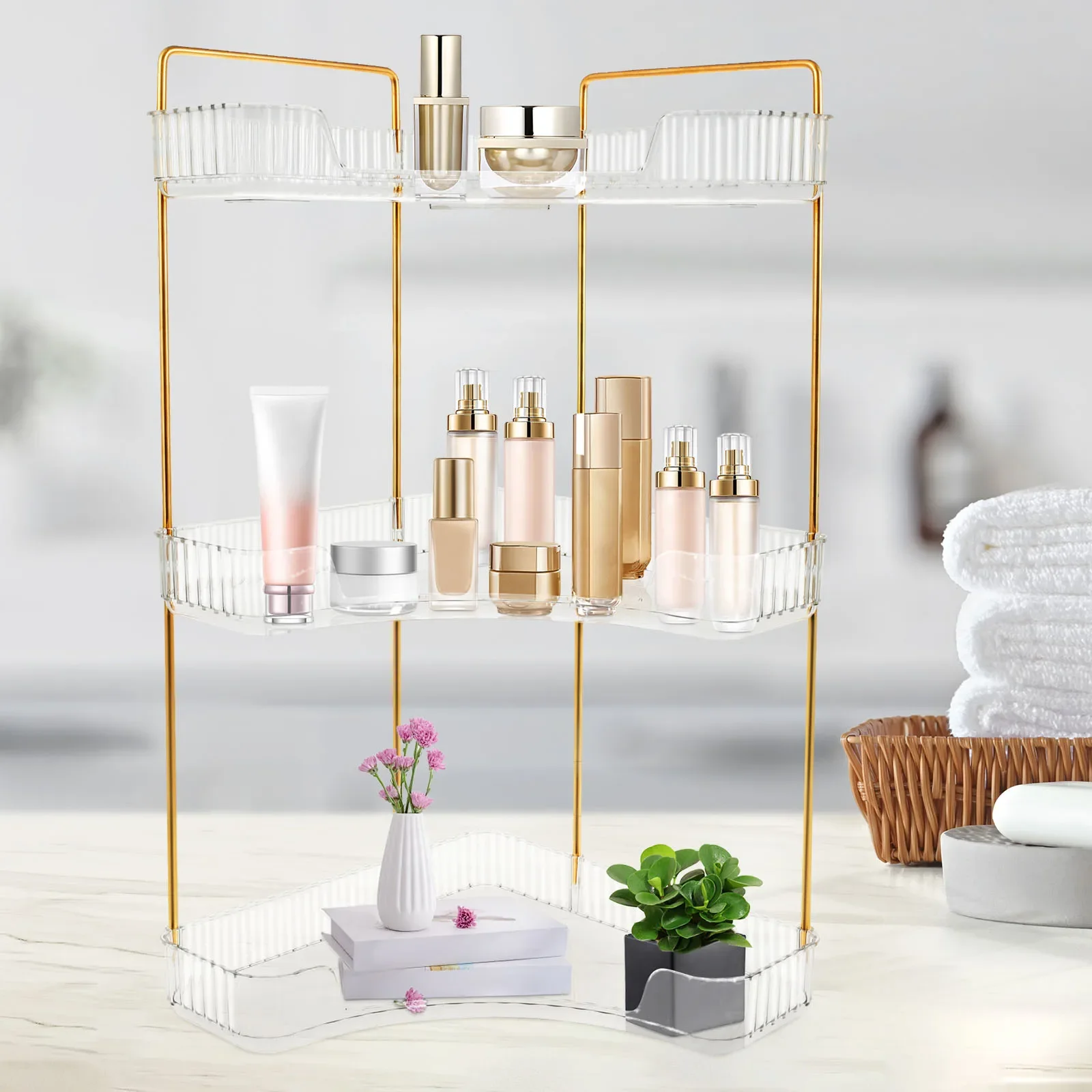 3 Layers Makeup Organizer Corner Desktop Cosmetic Rack Bathroom Clear Perfume Skin Care Product Storage Rack Multipurpose 2