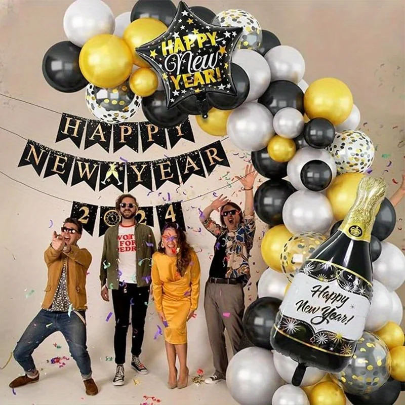 

87pcs Black Gold Balloon Arch Garland Kit New Year Banner 2024 New Years Eve Party Supplies Star and Wine Bottles Foil Balloons