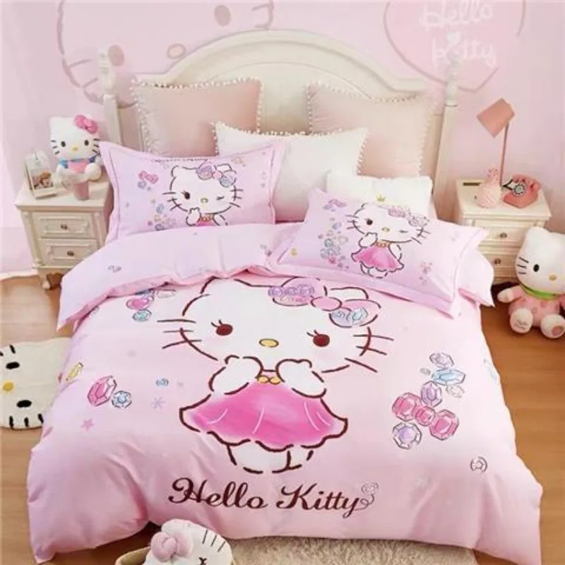 

New Hello Kitty animation peripheral cartoon pattern four-piece set of girly heart kawaii Y2K cotton three-piece bedding set