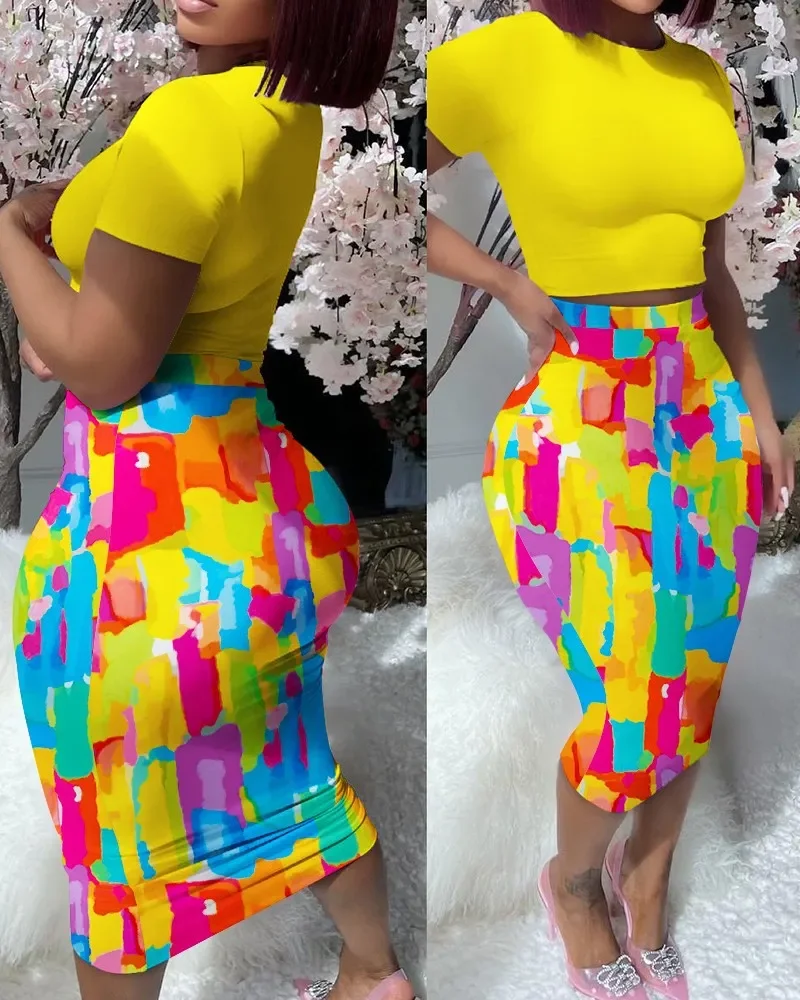 Summer Fashion Printing Two Piece Set Women Causal Sports Style Printing Tshirt Skirt Two Piece Set Women