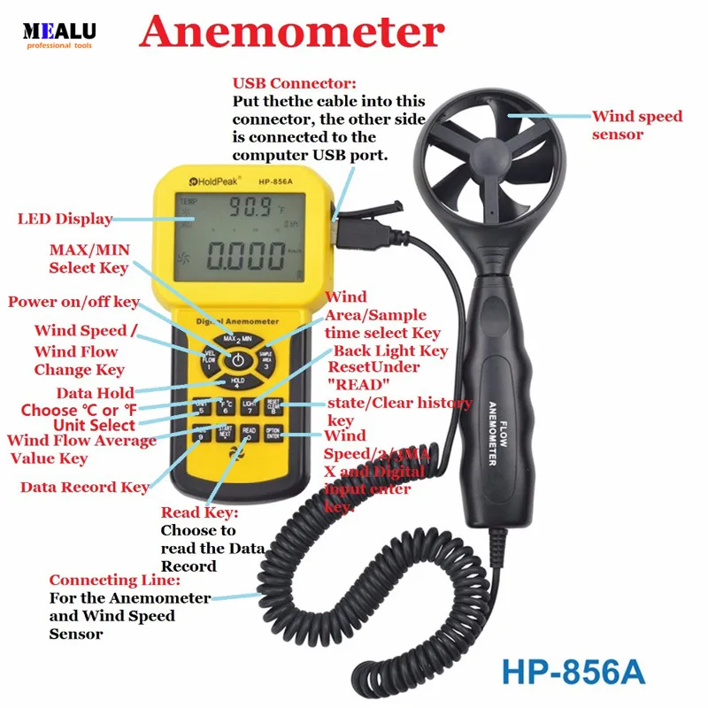 

Digital Wind Speed Air Volume Meter HoldPeak HP-856A Anemometer USB/Handheld with Data Logger Temperature Range Data record