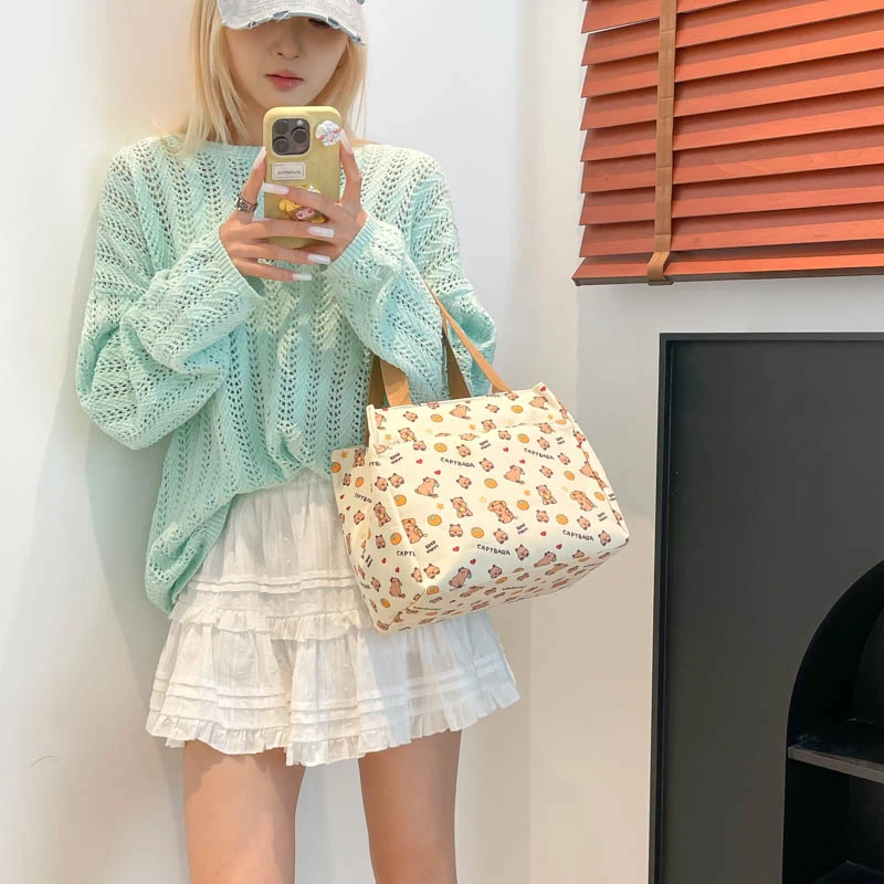 Women Canvas Cute Printed Handbag Large Capacity Adorable Capybara Tote Wear Resist Nylon Student Shoulder Bag Trip Beach Bag