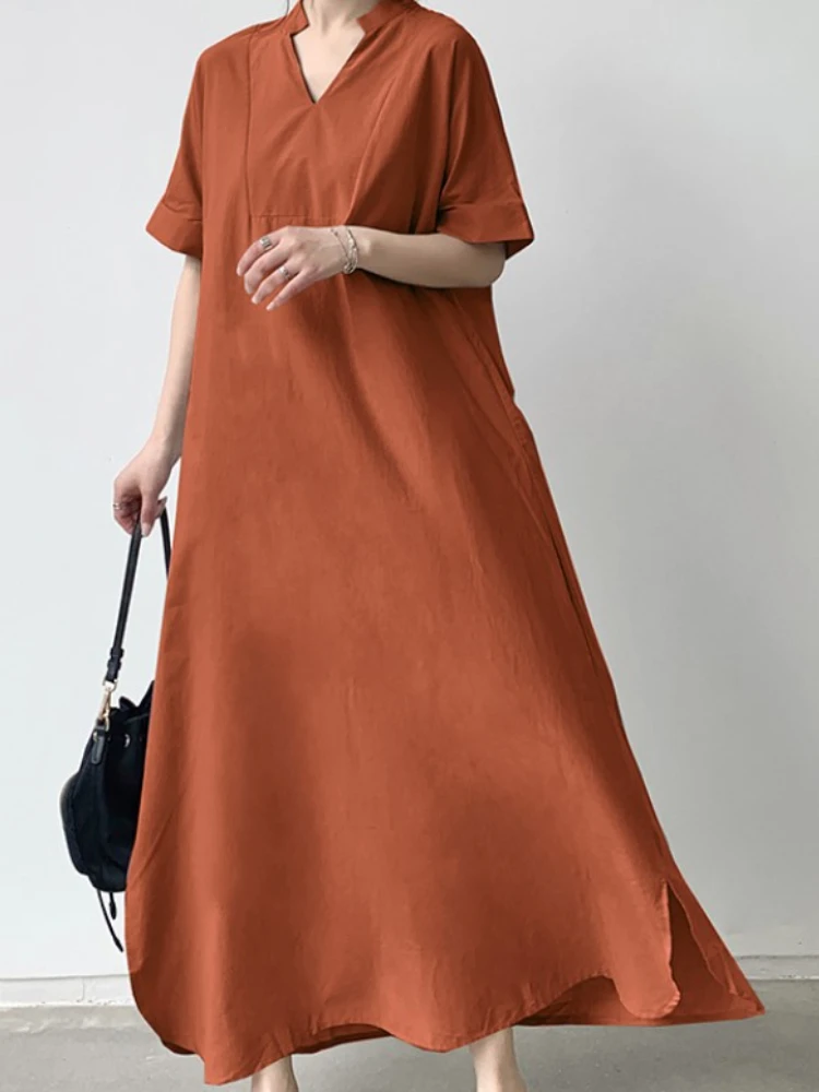 

Vintage Dress MIDI Style Streetwear V-neck Short Sleeve Loose Comfort New Summer Clothing for Women Long Dresses Fashion Casual
