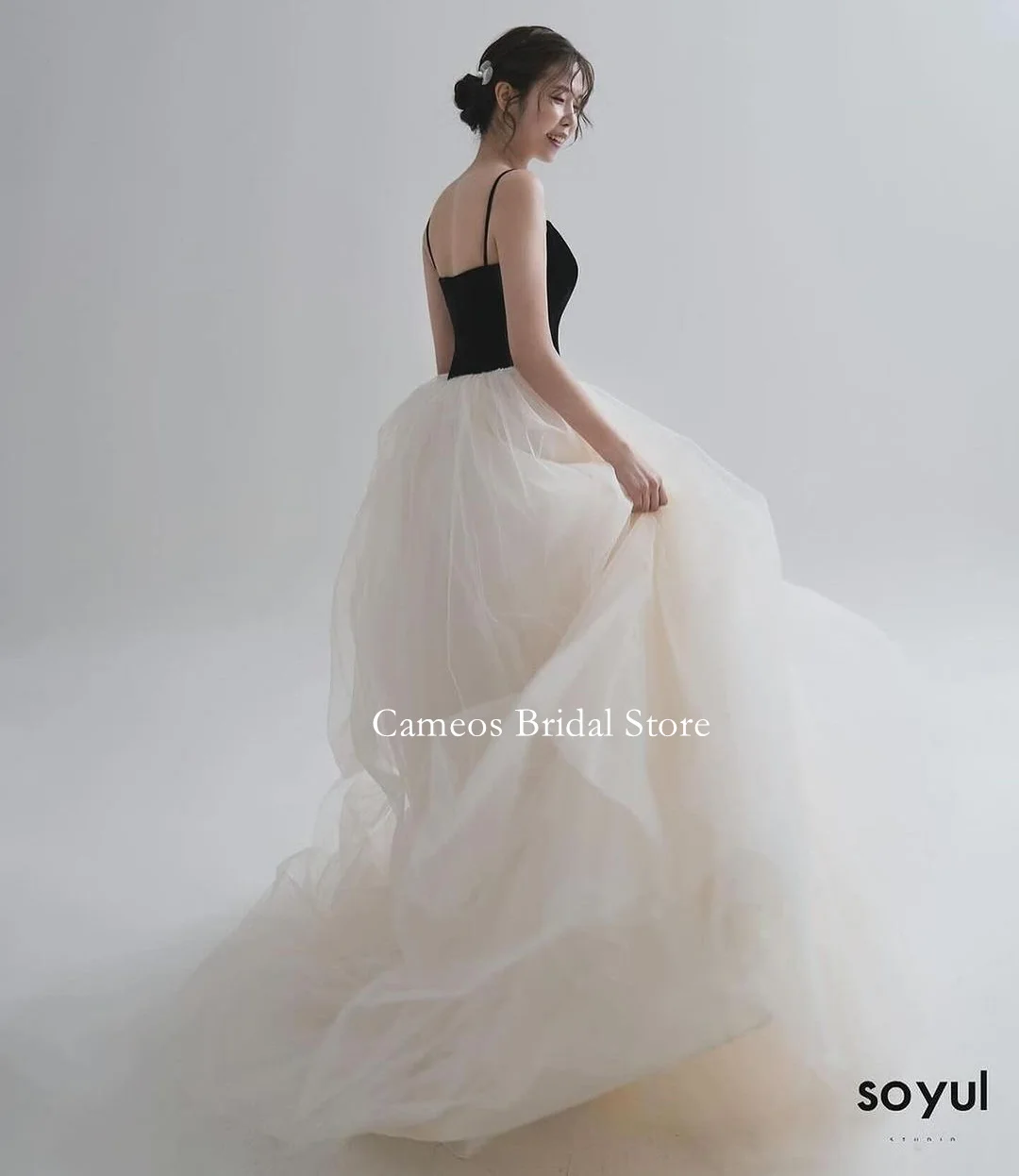 

SONDR Spaghetti Birthday Korea Evening Dress Custom Made Tulle Formal Prom Dress Sleeveless A-Line Black Evening Gown Bridal