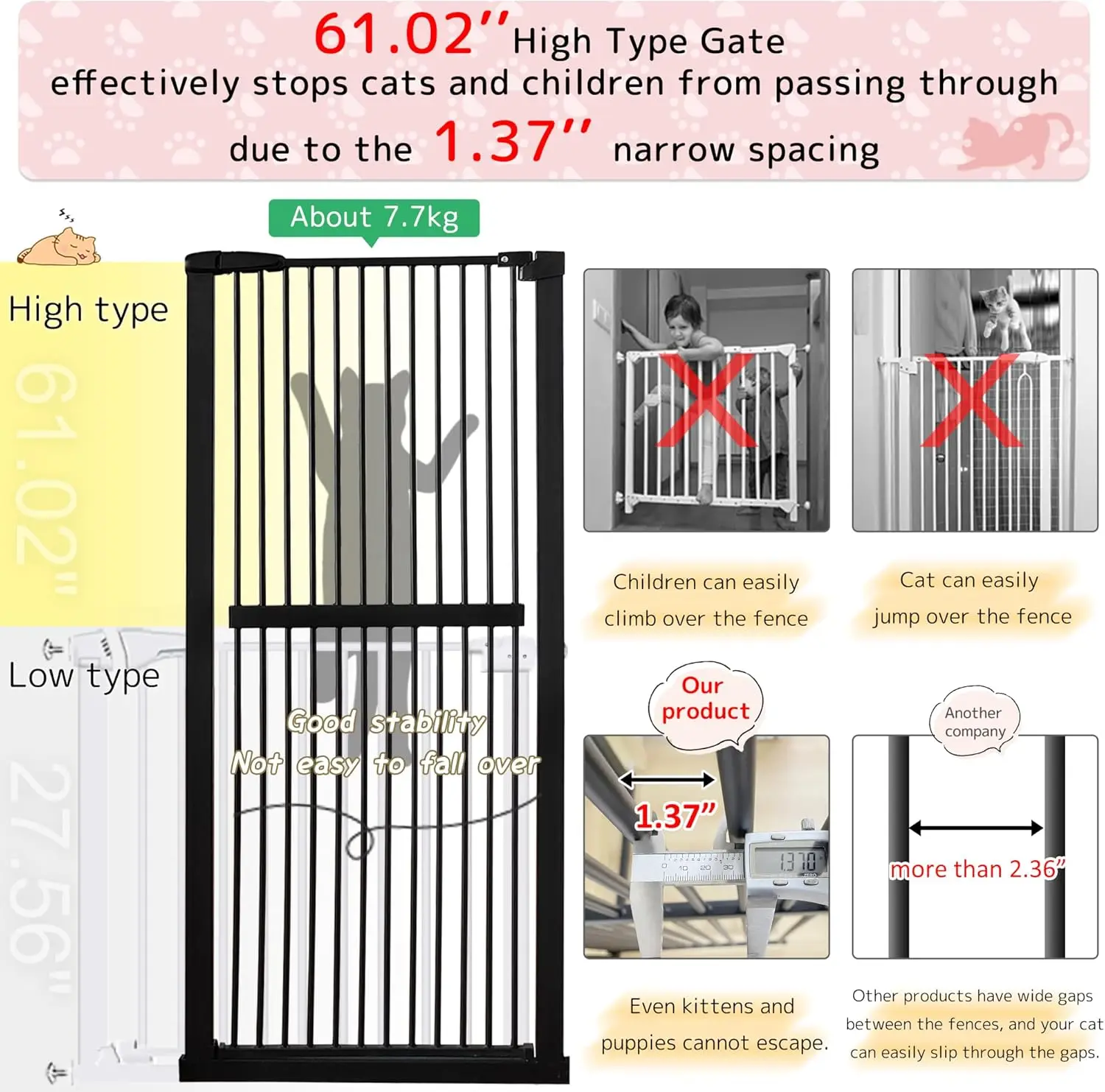 Extra Tall Pet Gate 61.02" High Pressure Mounted 50.79"-55.11" Extra Wide (9 Sizes) 1.37" Gap for Cat Dog Children Stai