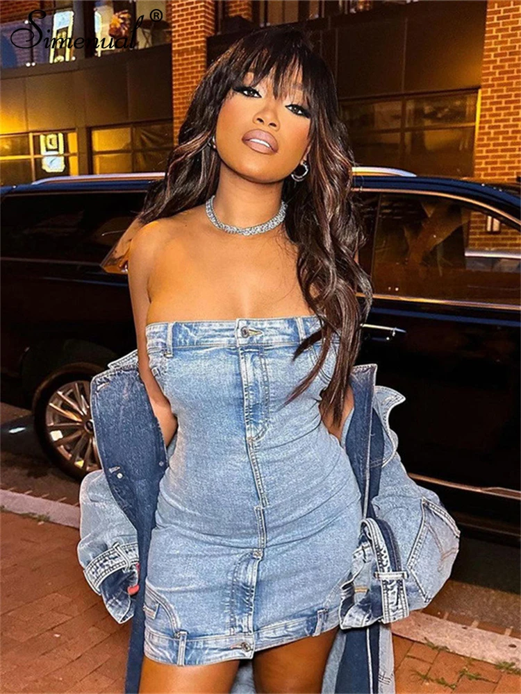 

Simenual Y2K Aesthetics Strapless Denim Mini Dress Hot Sweet Streetwear Sexy Backless Zip Bodycon Dresses 90s E-girl Jeans Cloth