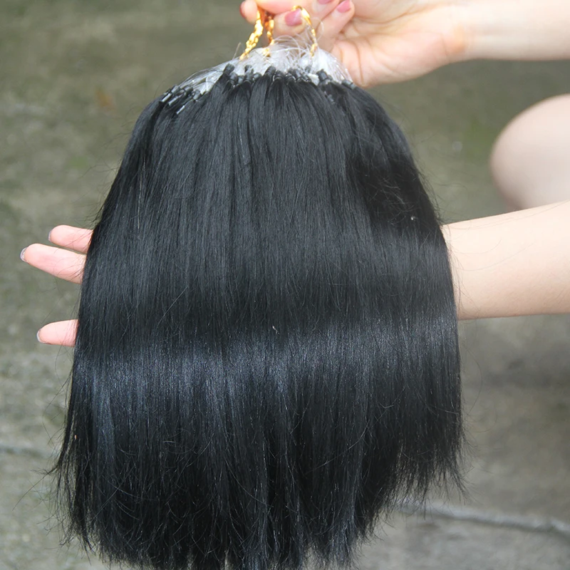 Remy Micro Ring Hair Extensions Straight Micro Loop Hair Extensions #1 jet-black Beads Pre Bonded 16Inch