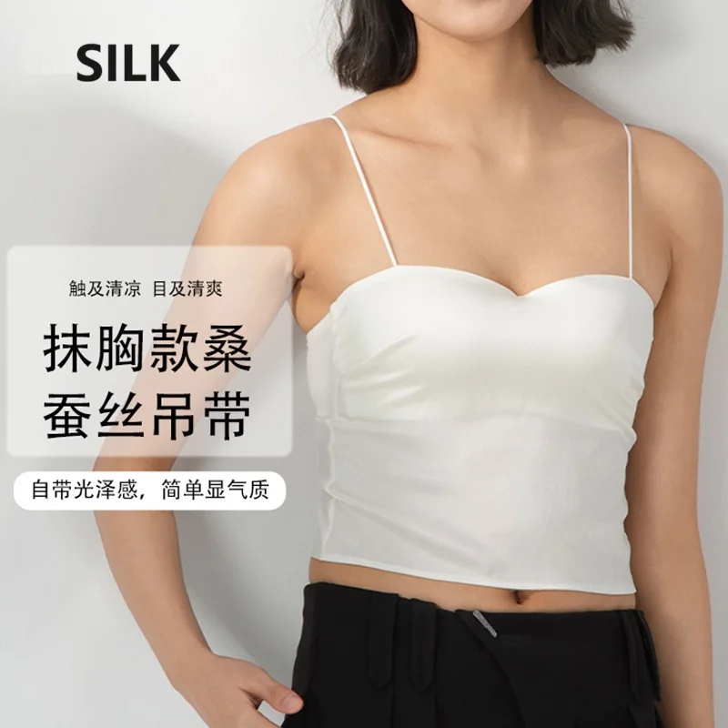 

100% silk white tops women crop summer top lace sexy bra cami croptop satin womens camisole lingerie bralette strap cute chest