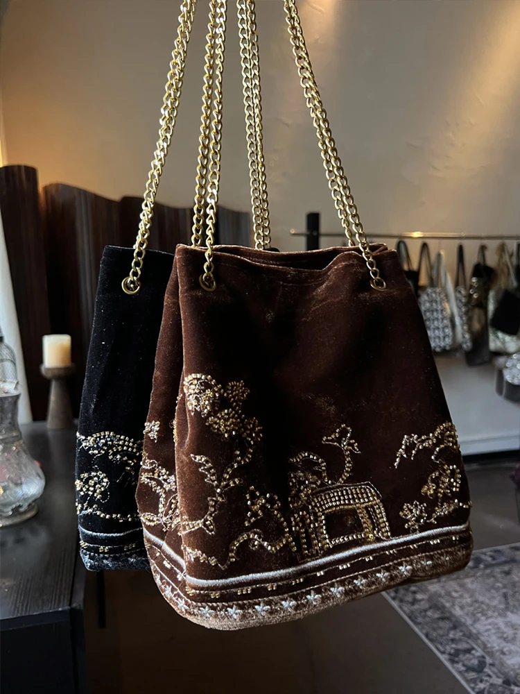NEW Velvet Embroidered Handmade Commuting Underarm New Shoulder Bag Women Artistic Ancient Style Black Tote Bag