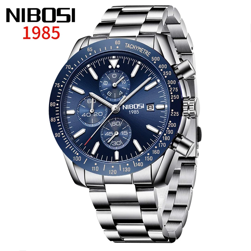 NIBOSI Fashion Blue Quartz Watch for Men Stainless Steel Waterproof Luminous Sports Chronograph Watches Mens Relogios Masculino