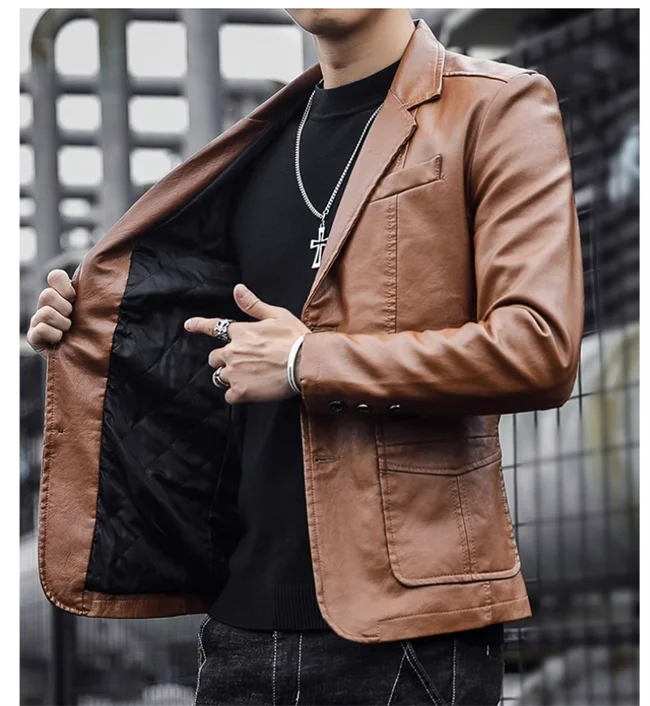 Mens Casual Leather Jacket - 2024 Fashion Slim Fit Coat 5XL BlackKahki