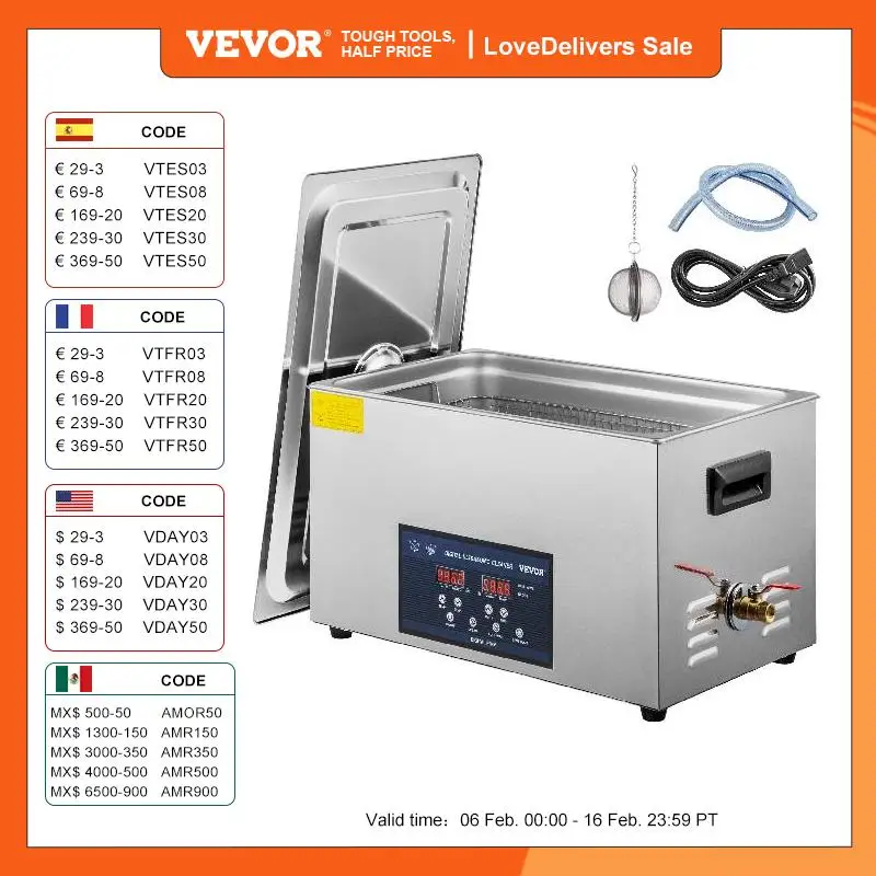 Vevor 2L 3.2L 6L 10L 22L 30L Pulitore Ad Ultrasuoni Con Lavatrice Portatile Digitale A Doppia Frequenza Elettrodomestico Ad Ultrasuoni