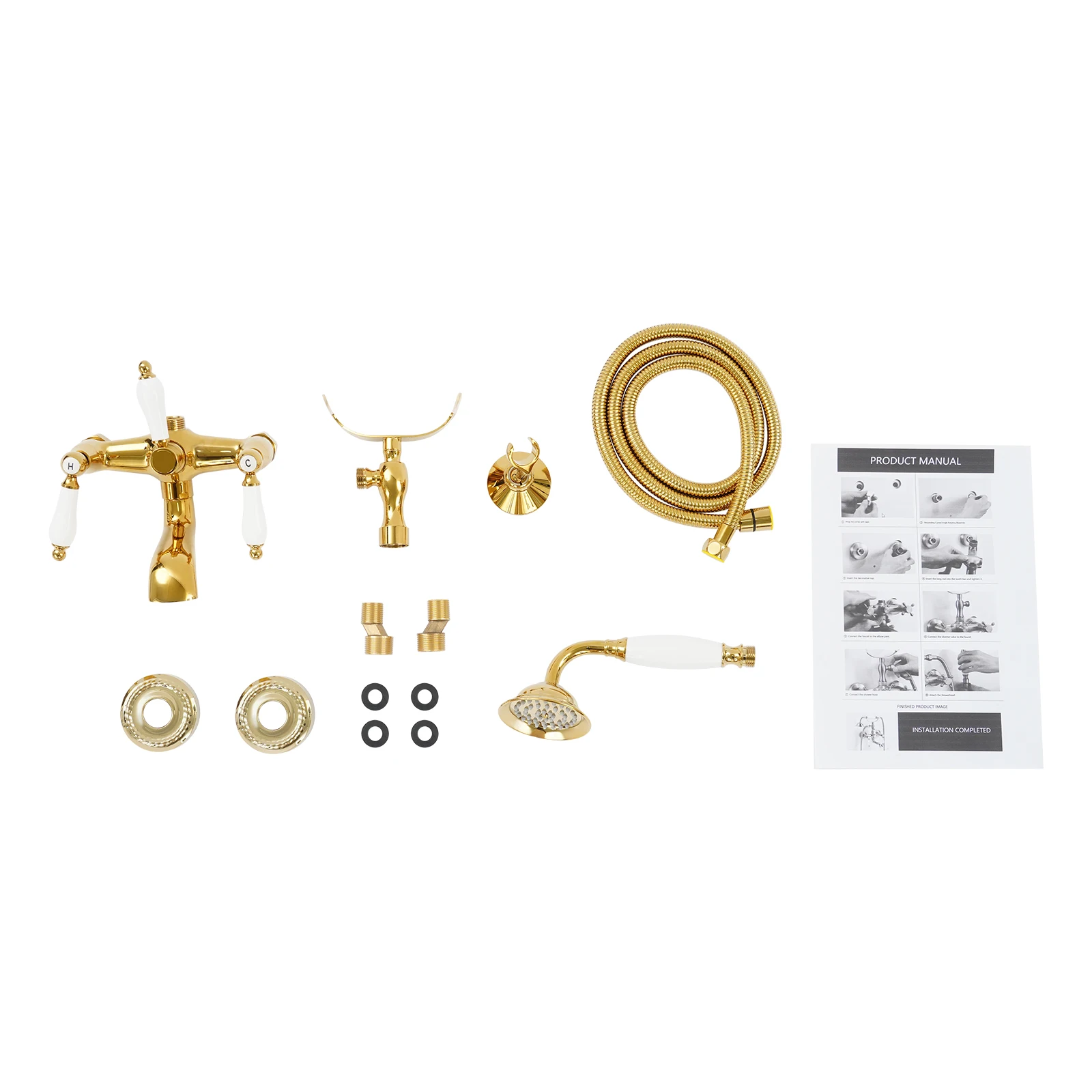 Wandmontierter Badewannen-Wasserhahn im Vintage-Stil mit Handbrause in Silber/Gold – Detail 4