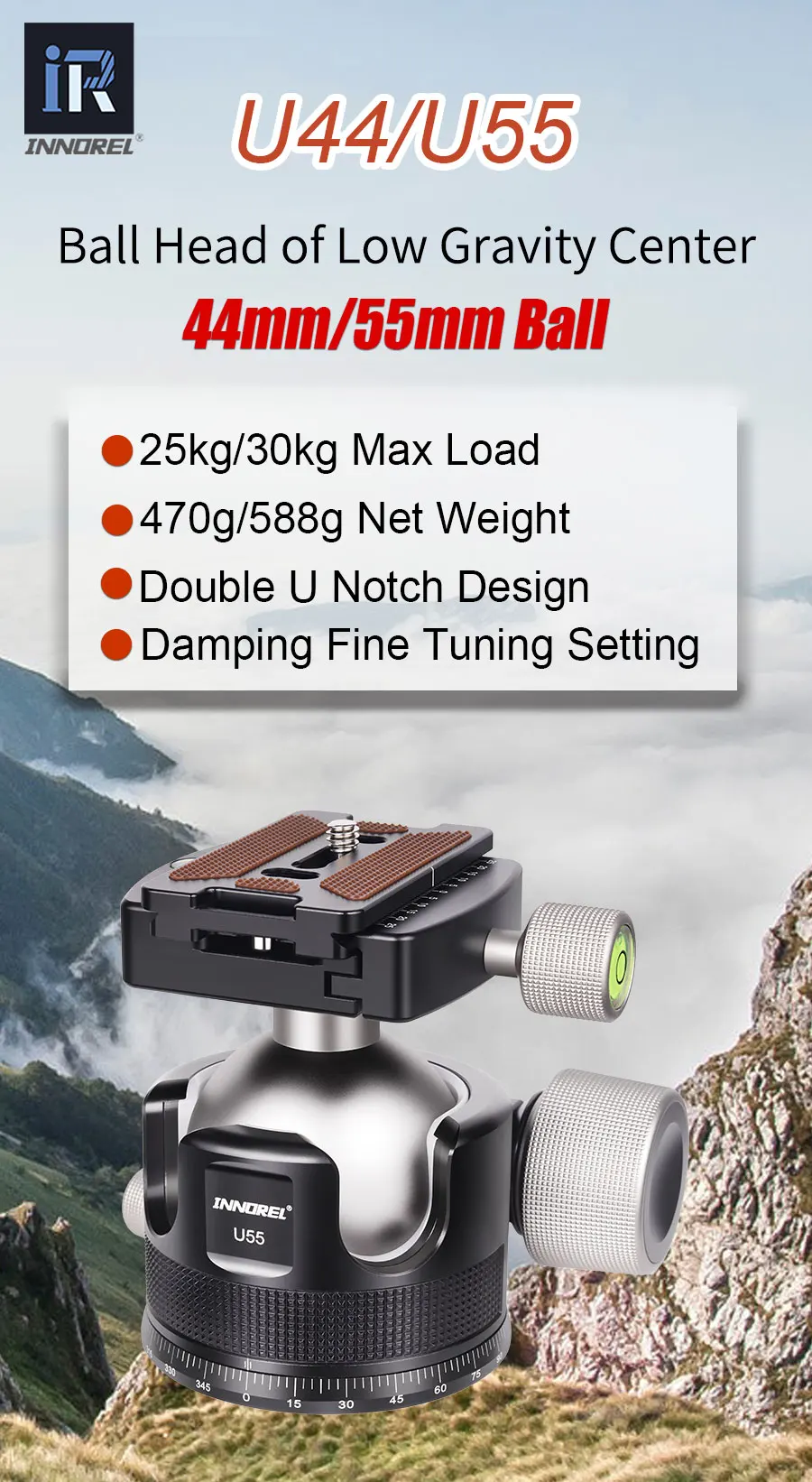 U44/U55 Low Profile Camera Tripod Ballhead, with Arca 1/4" Quick Release Plate,