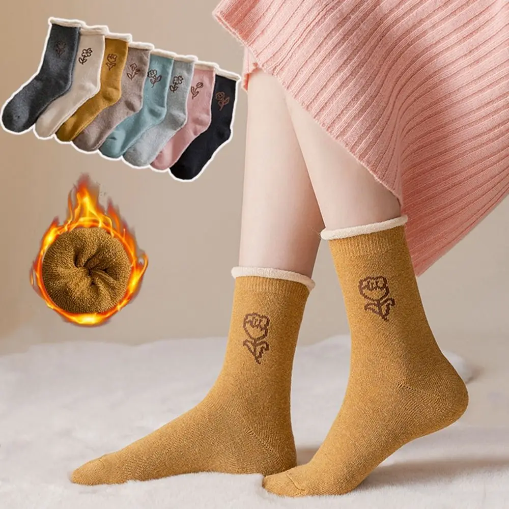 

Creative Sleeping Socks Thickened Solid Color Home Flower Pattern Floor Socks Winter Socks Women Hosiery Middle Tube Socks