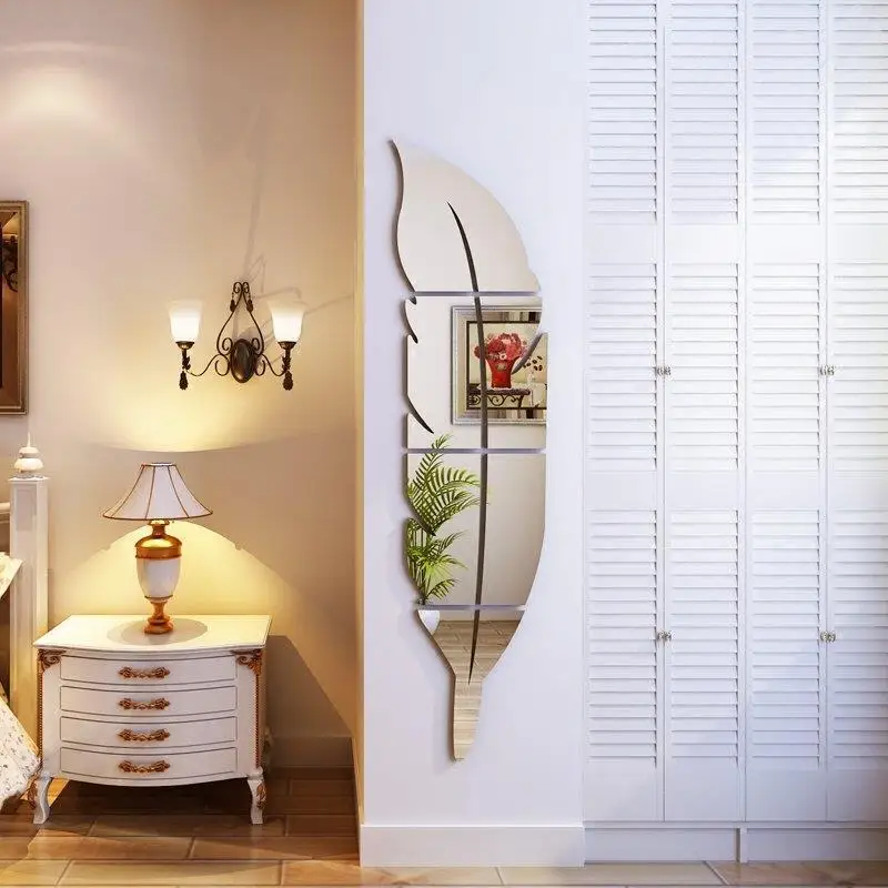Large Feather Plume 3D Mirror Wall Sticker for Living Room Art Home