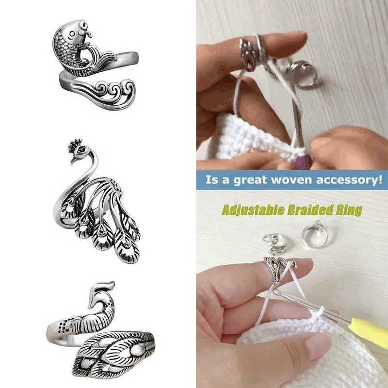 Adjustable Crochet Hooks, Crochet Ring Yarn Guide Finger Holder, Silver  Peacock Shape Knitting Loop Open Finger Ring for Hand Weaving Hook Line