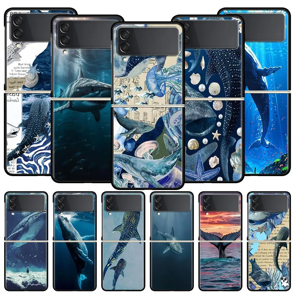 Ocean Whale Shark Swimming Design Black Hard Folding Phone Case