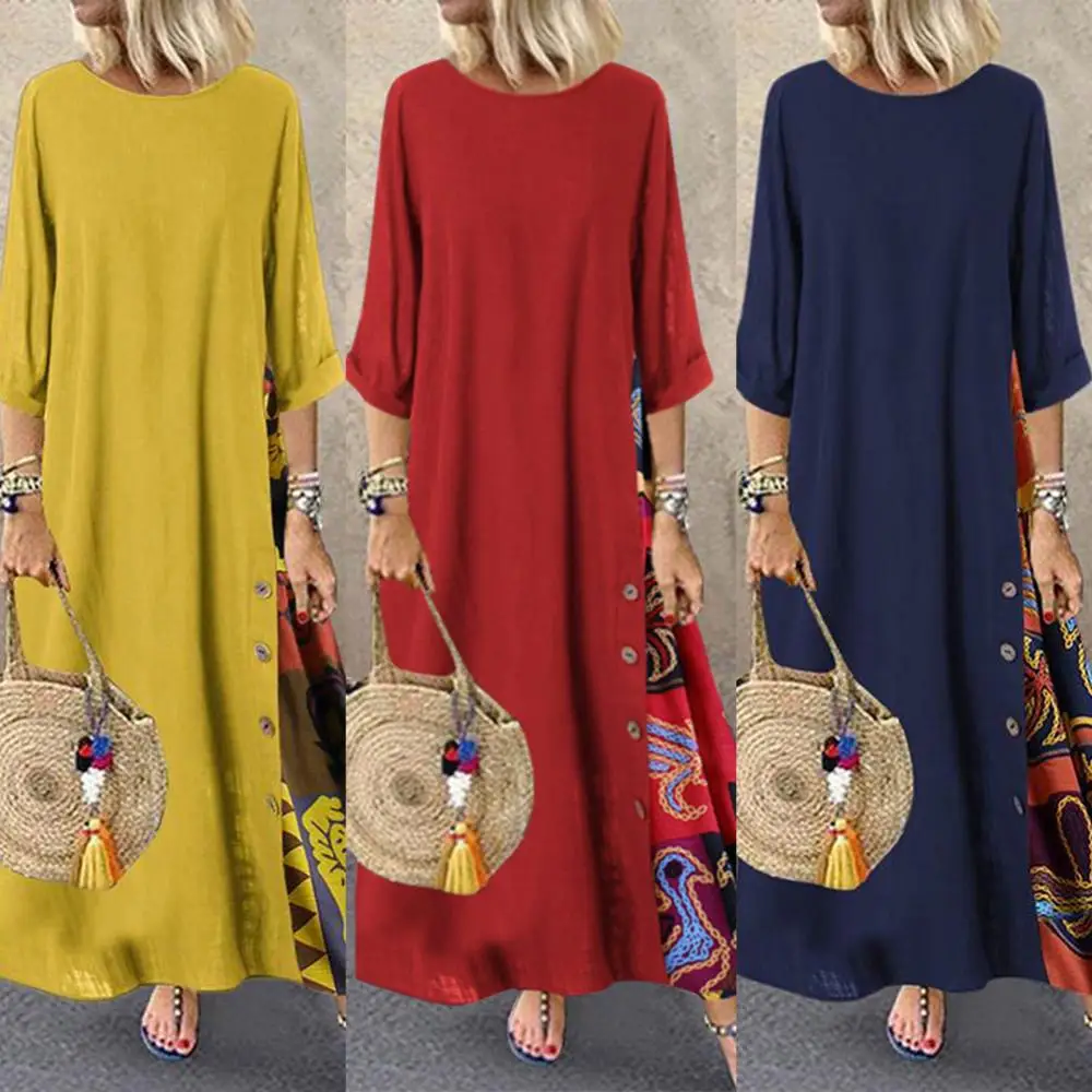 

Long Dress Women Dress Loose Printed Summer O Neck Autumn Plus Size Vintage 3/4 Sleeve Side Buttons
