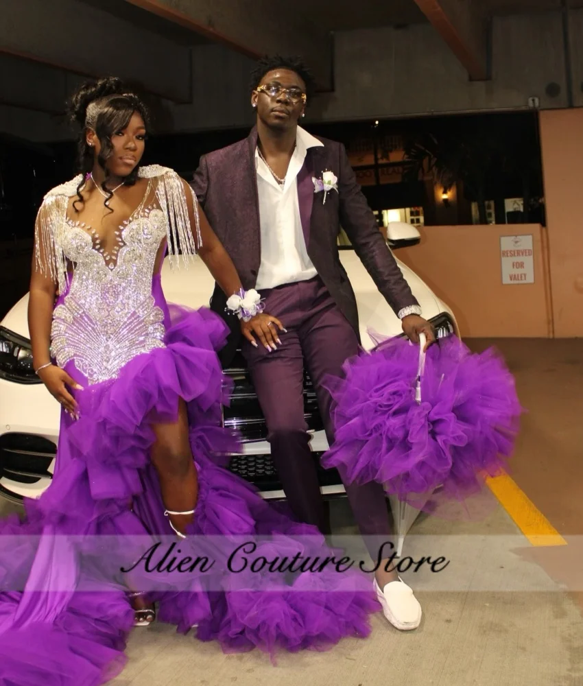Luxury Purple Diamond Long Prom Dress for Black Girls Split Ruffle Sparkly Bead Crystal Birthday Party Gown Customized