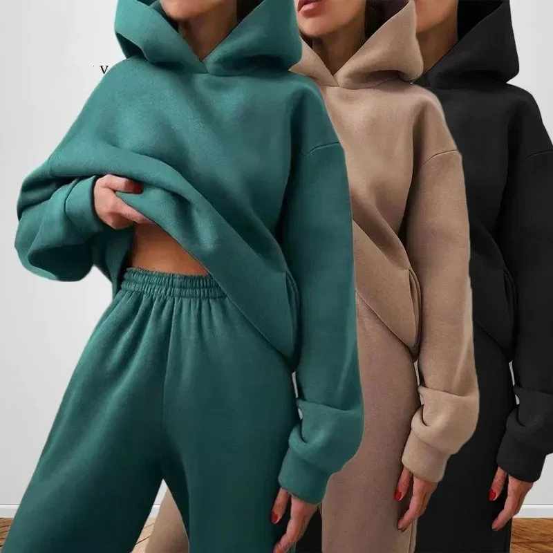 Women's Tracksuit Casual Solid Long Sleeve Hooded Sport Suits Autumn Warm Hoodie Sweatshirts and Long Pant Fleece Two Piece Sets 2