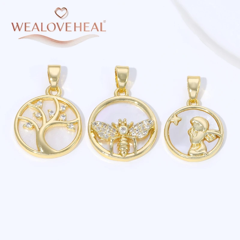 18K Vergoldete Messing-Metallanhänger mit Muscheleinlage, Runde Charms mit Lebensbaum/Engel/Bienen-Motiven, Zubehör für Schmuckherstellung, DIY-Schmuck