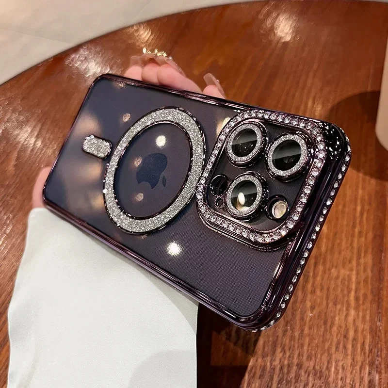 thumbnail image 1 of Luxury Diamond Glitter Clear Plating Case For iPhone 15 14 Plus 13 12 11 Pro Max 15 Shockproof Magnetic Wireless Charging Cover, 1 of 5