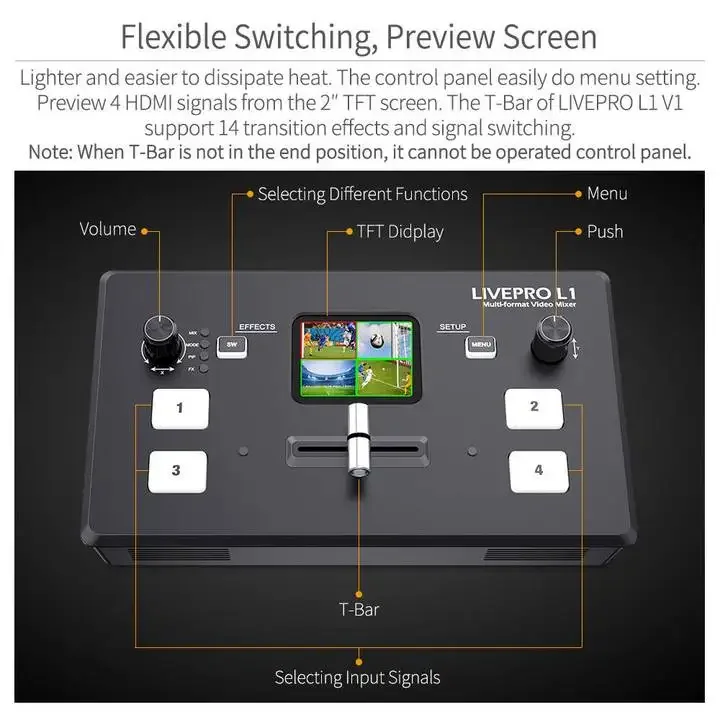 멀티 카메라 비디오 믹서 스위처, LCD 스크린, 4 HDMI 입력, USB 3.0 라이브 스트림, L1 V1
