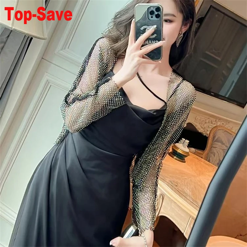 Streetwear Sexy Funkelnden Diamant Kristall Mesh Top Oberbekleidung Frauen T-Shirt Temperament Strickjacke Bodenbildung Shirt Y2K Kleidung