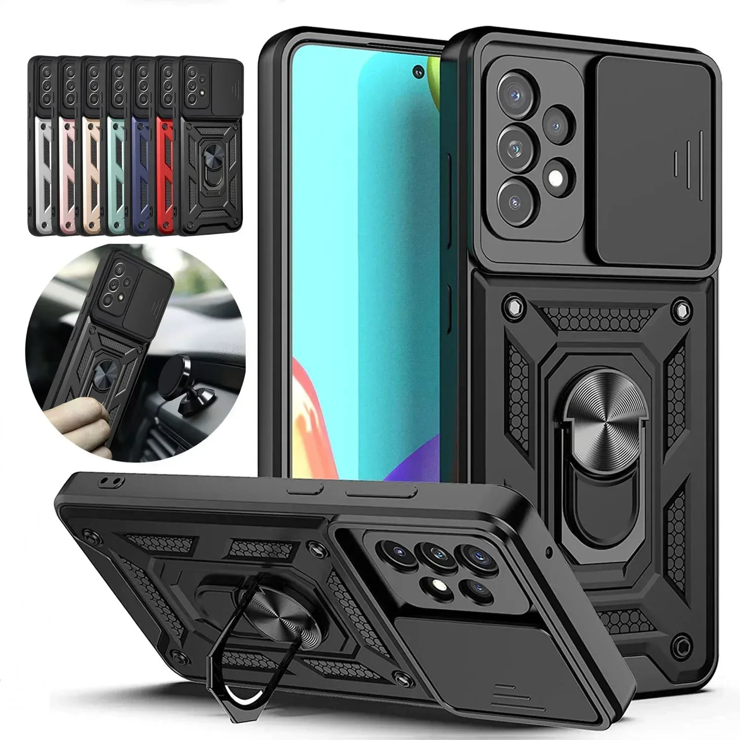 Premium Armor Magnetic Ring Stand Case with Slide Lens Protection