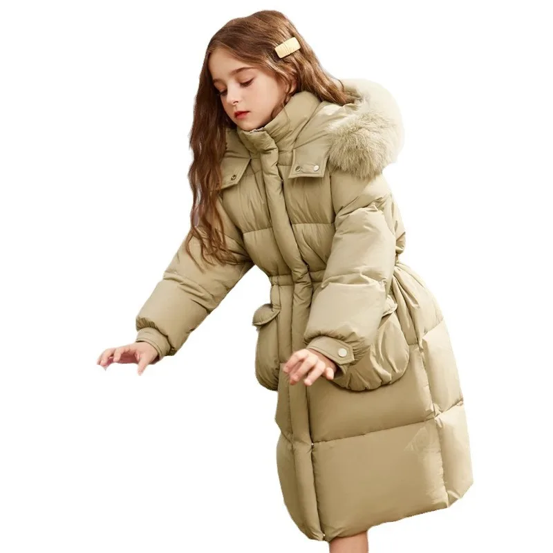 Girls' down padded jacket medium long coat 5-14 years old children's thick coat girl's woolen collar padded winter