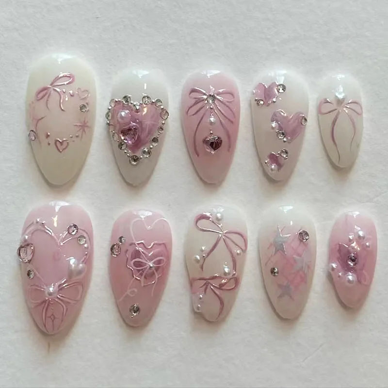 24pcs Fake French Nail Tips Almond Wearable Simple Flower Gold Beads Design Diamond Manicure Set