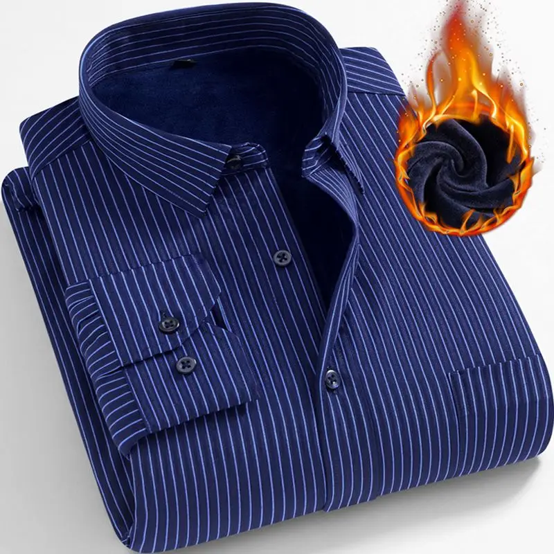 

2023 New Men's Clothing Shirt Autumn Winter Thick Square Collar Long Sleeve Fashion Casual Business Striped Button Tops