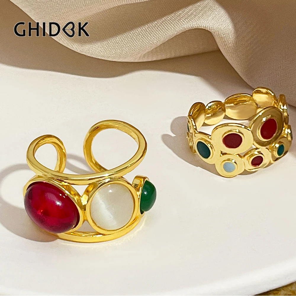 GHIDBK Vintage Golden Multiple Rainbow Enamel Dot Chunky Ring for Women Triple Cat Eye Gem Wide Open Finger Rings Jewelry