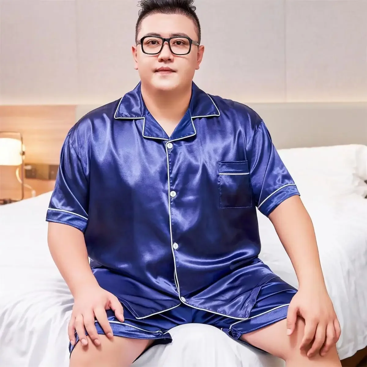 Men's Plus Size Pajamas Summer Short Sleeve Shorts Loungewear Ice Silk Set Extra Large
