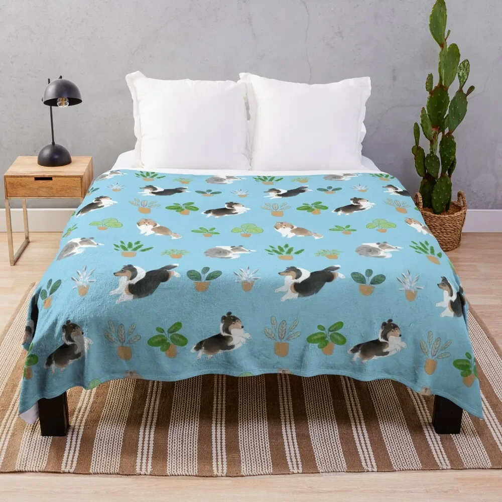 Shelties & Calathea On Blue Throw Coperta Grandi Coperte Regalo Personalizzate Per Coperte Per Divani Giganti Per Bambini