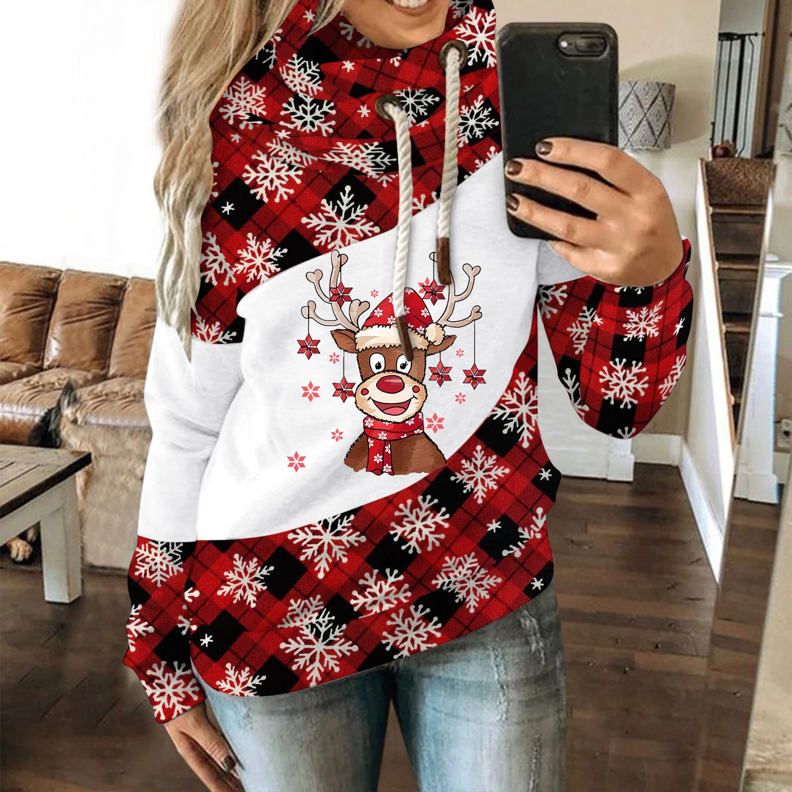 Sudaderas con capucha para mujer, jerséis de manga larga con cuello redondo, estampado de copo nieve, ciervos, Navidad, invierno, 2022| | - AliExpress