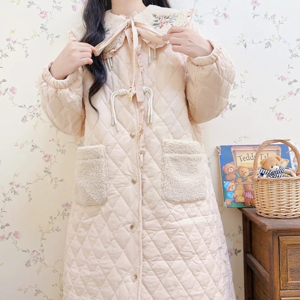

Vintage Mori Girl Embroidery Winter Jacket Women Japanese Lamb Peter Pan Collar Oversized Cotton Coat Warm Loose Parkas