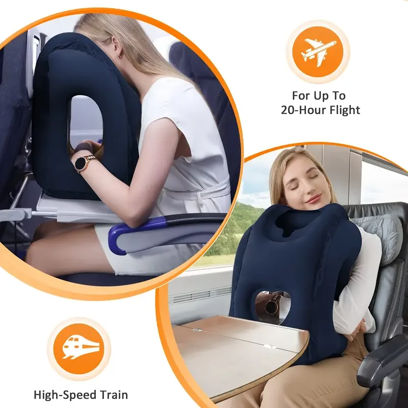 Lightweight and Portable Ergonomic Blue Inflatable Travel Pillow for Long Flights, High-Speed Trains, Office Naps, and Car Rest