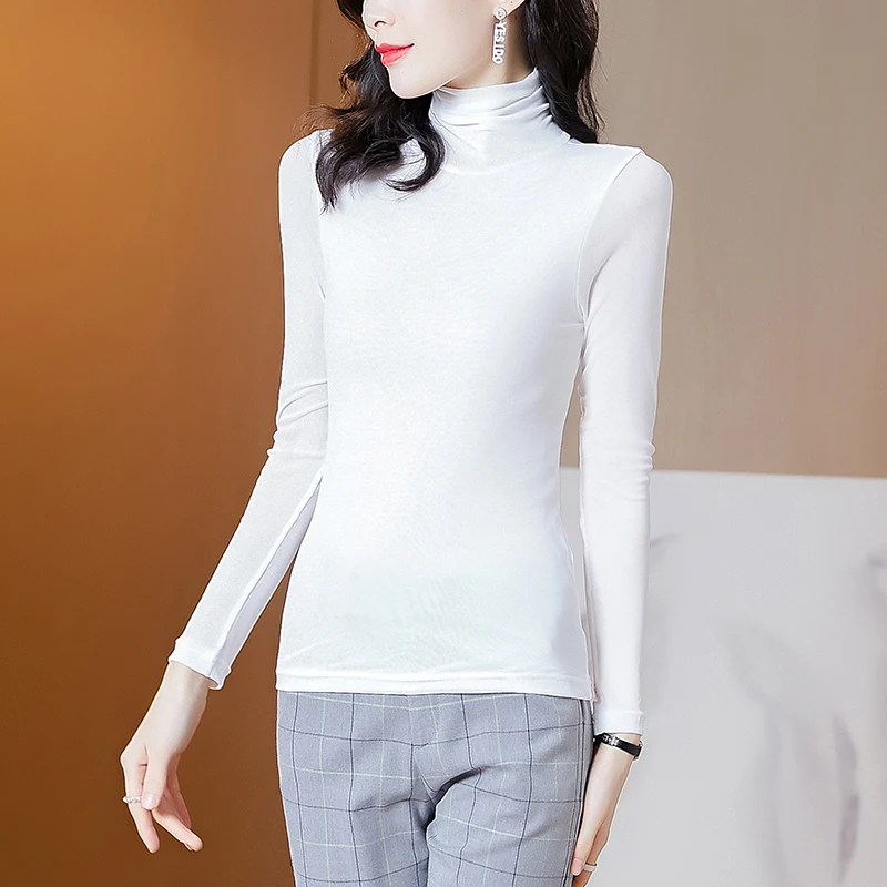 Girls Solid Mesh T-Shirts Tees Female Full Sleeve Turtleneck Slim