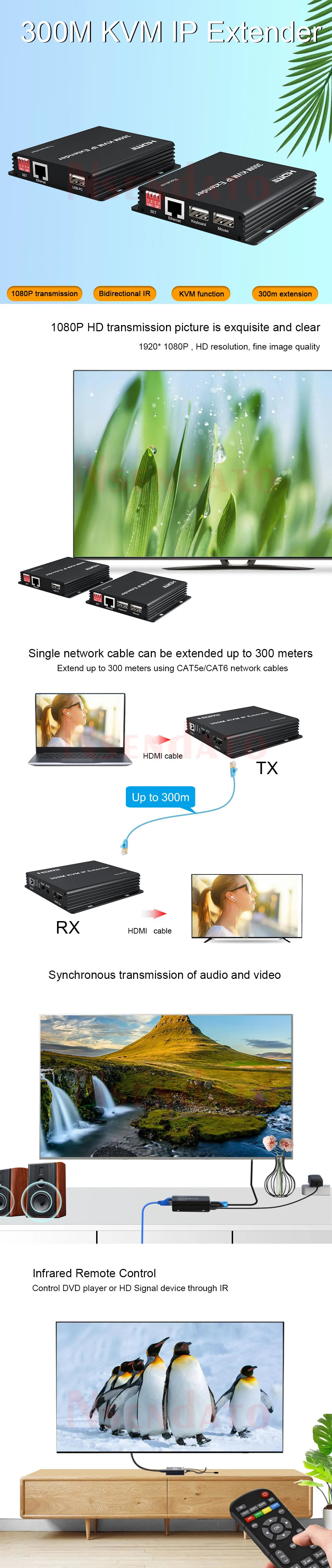 300m HDMI KVM Extender over IP RJ45 Ethernet Lan Network cable Muitlpoint cascad