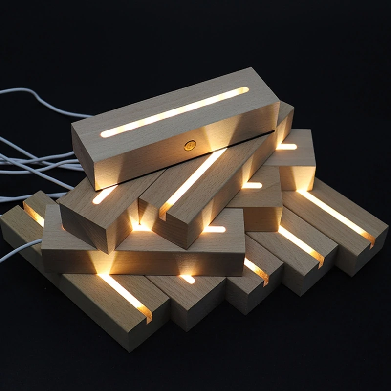 RUIITEN Confezione da 4 piedistalli rettangolari per display da 15,2 cm, base di visualizzazione a LED rettangolare, colore caldo, base illuminata in legno, per acrilico, cristallo, luce notturna