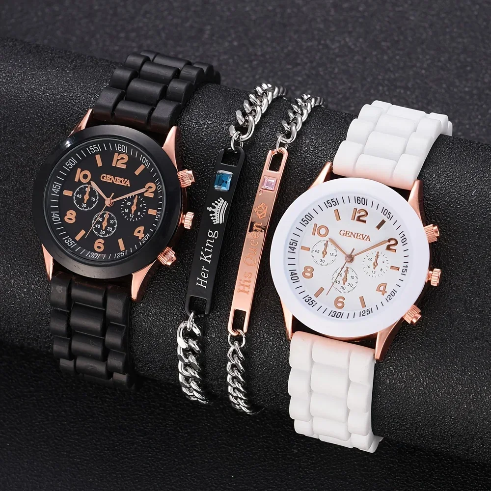 2Pcs Luxury Women's Watch Set Fashion Luxury Elegant Alloy Wristwatch Silicone Strap Couple Watch Men Quartz Holiday Gifts