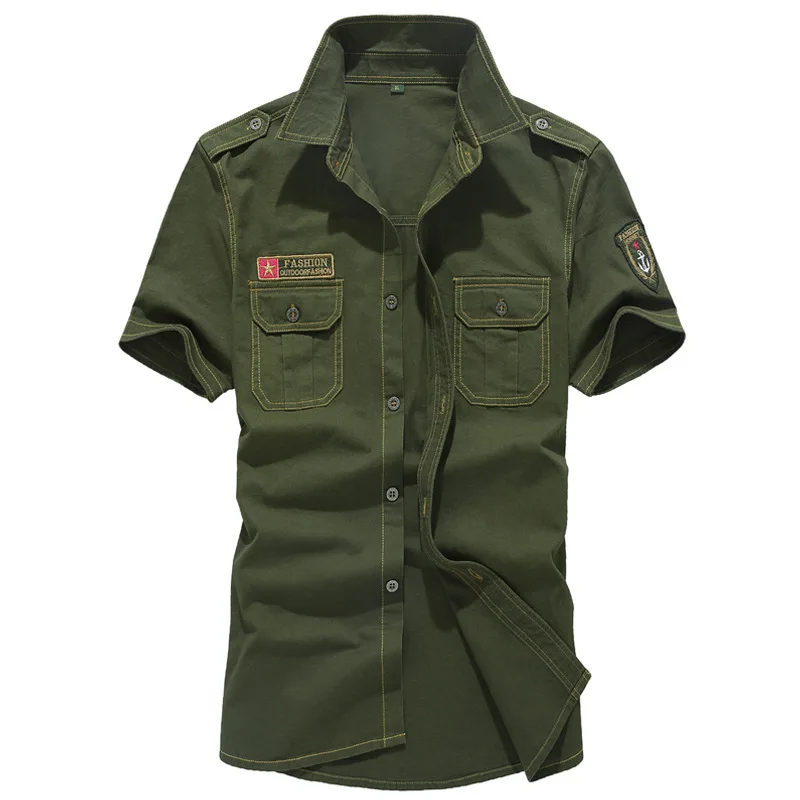 

Military Shirt Men's Shirts Casual Style Fashion Clothing Cotton Short Sleeve Retro Vintage Embroidery Armband Drop Shipping