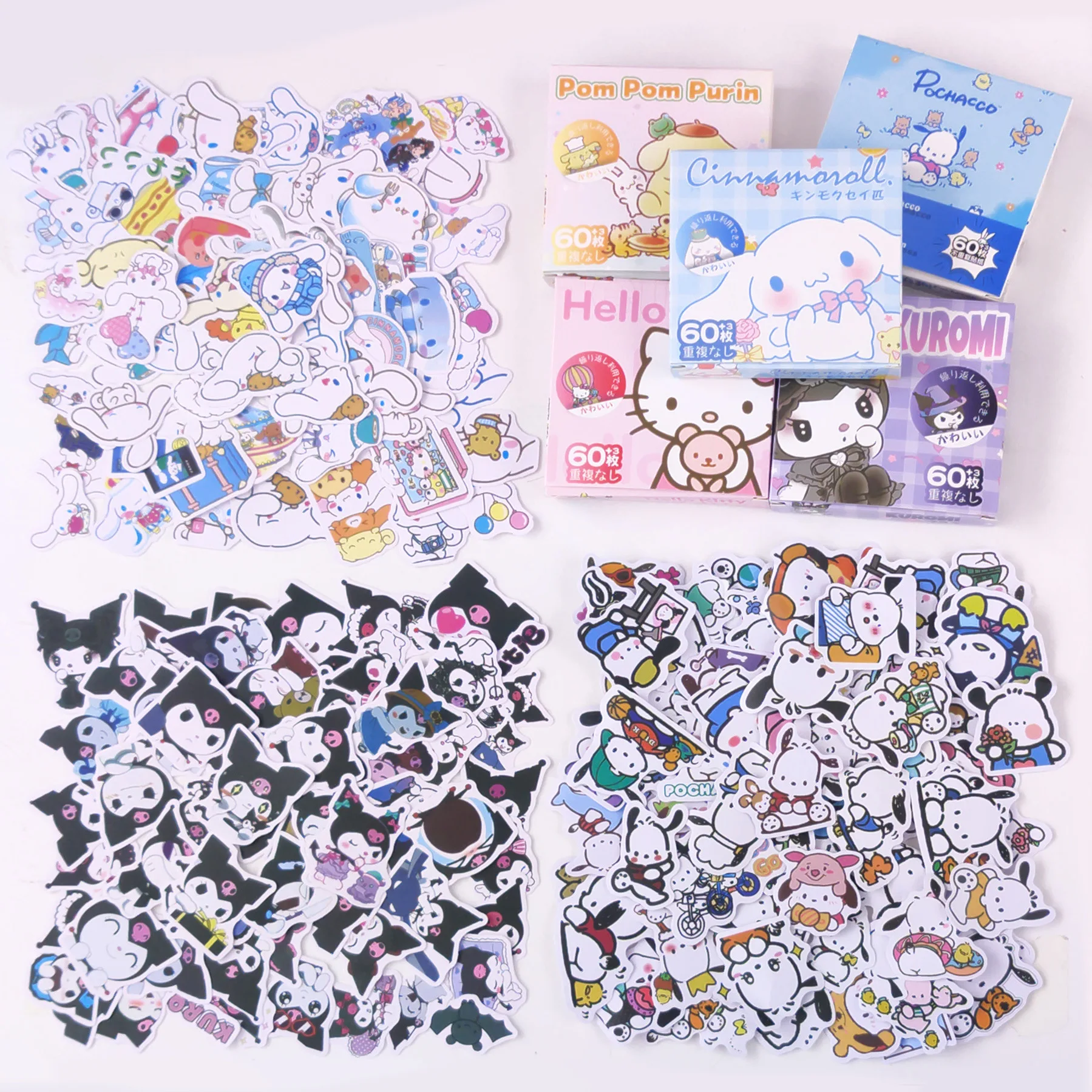 

[Gift Box] 60+3 Sanrio Pocket Monster Stickers Cartoon Cinnamoroll Kuromi Pochacco PVC Waterproof Sunscreen Stickers Gift