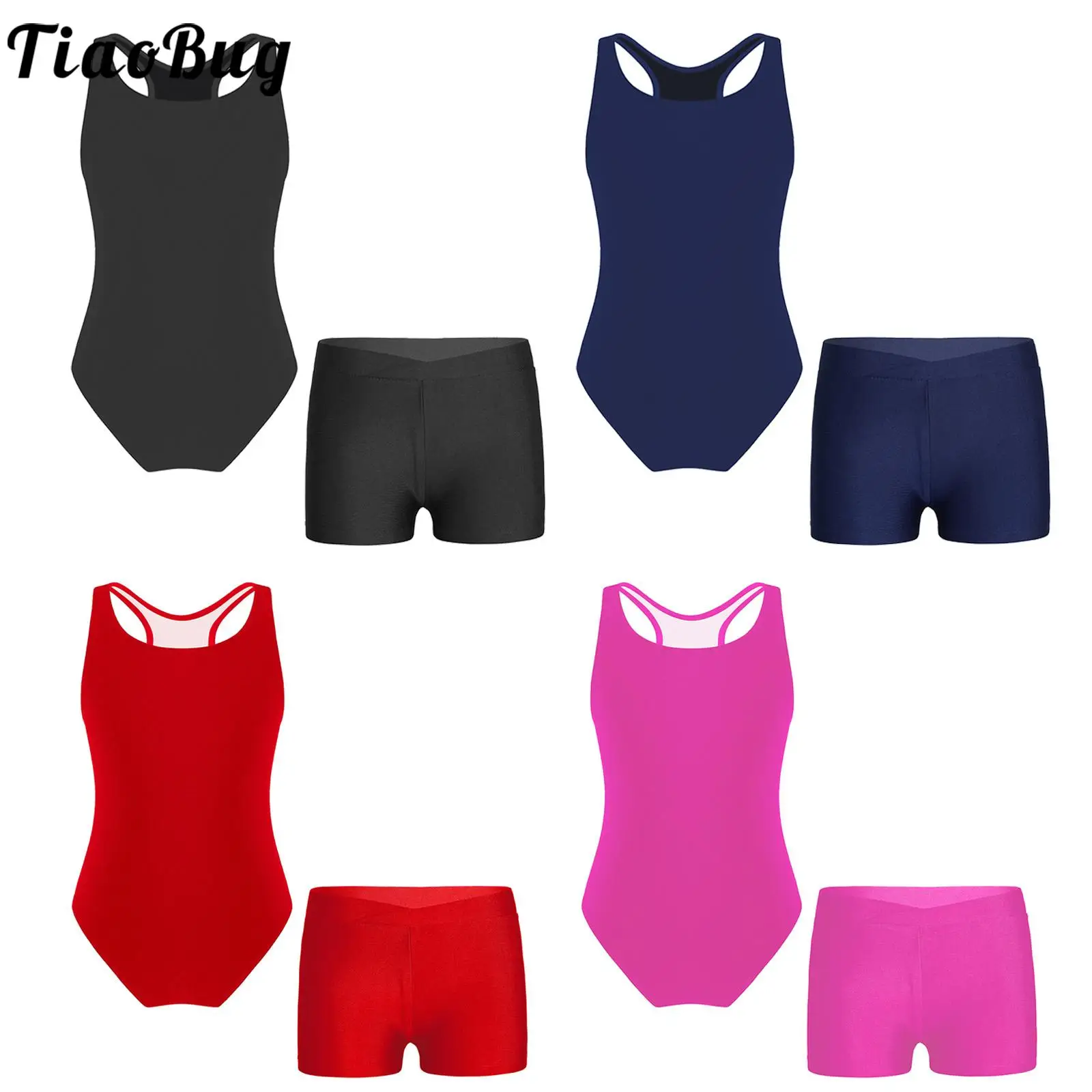 

Kids Girls Sports Dance Leotard Outfit Sleeveless Racer Back One Piece Dancewear with Boyshorts Set for Ballet Gymnastics Yoga