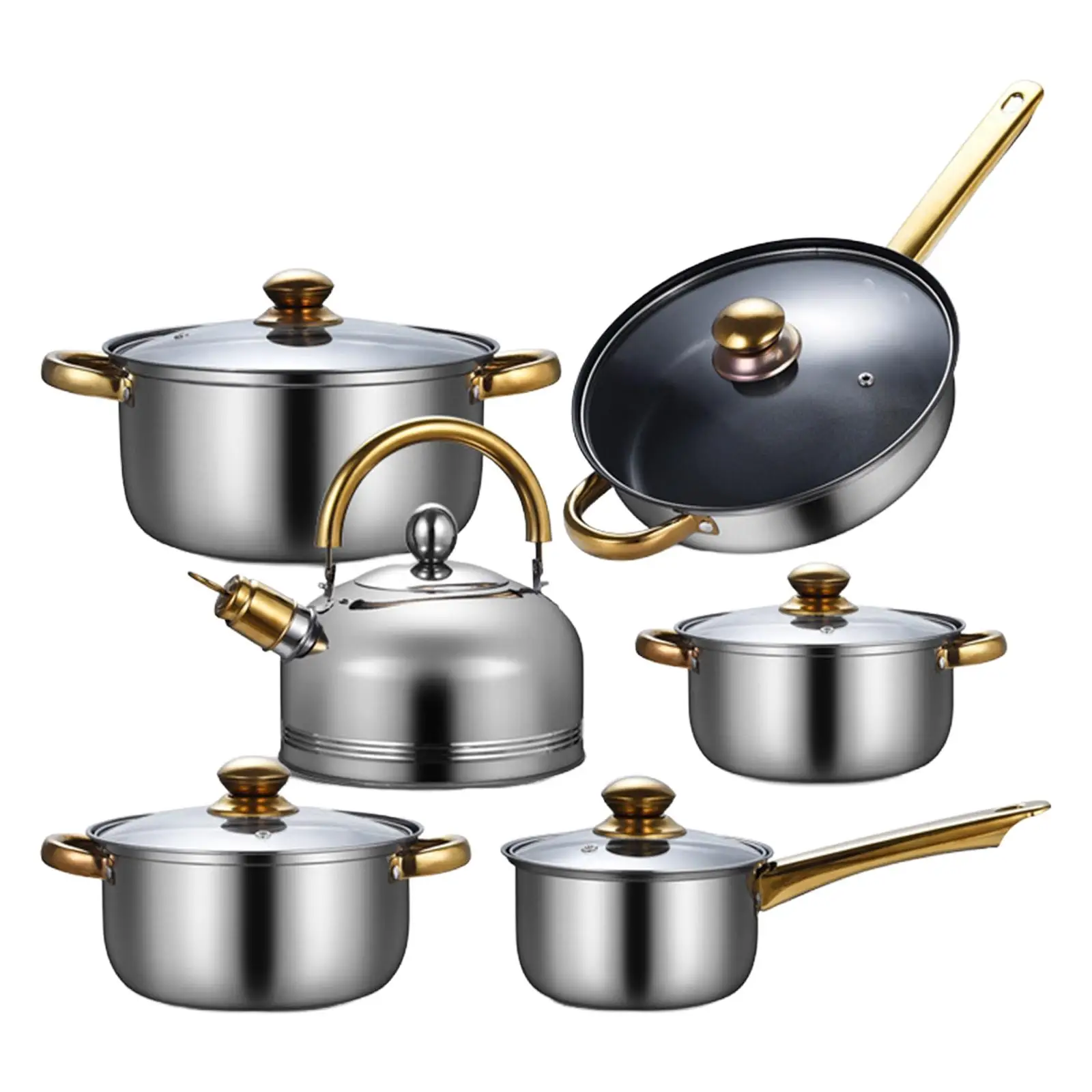 6 Pieces Stainless Steel Ergonomic Handle Portable Nonstick Pan Saucepan Pots and Pans Set Kitchen Cooking Set for Kitchen Home